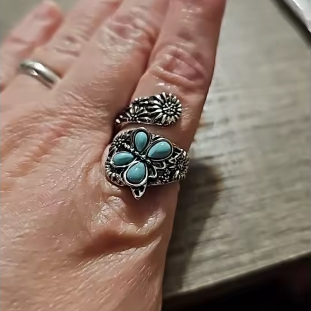 Vintage Turquoise Silver Butterfly Floral Adjustable Ring